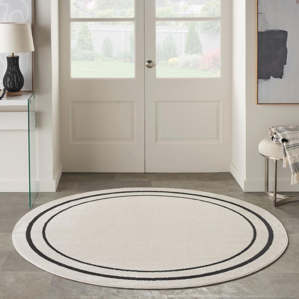 Nourison Home Nourison Essentials NRE02 Ivory Black Ivory/Black Indoor/Outdoor Round Area Rug - Contemporary Power Loomed Machine Made Low Pile