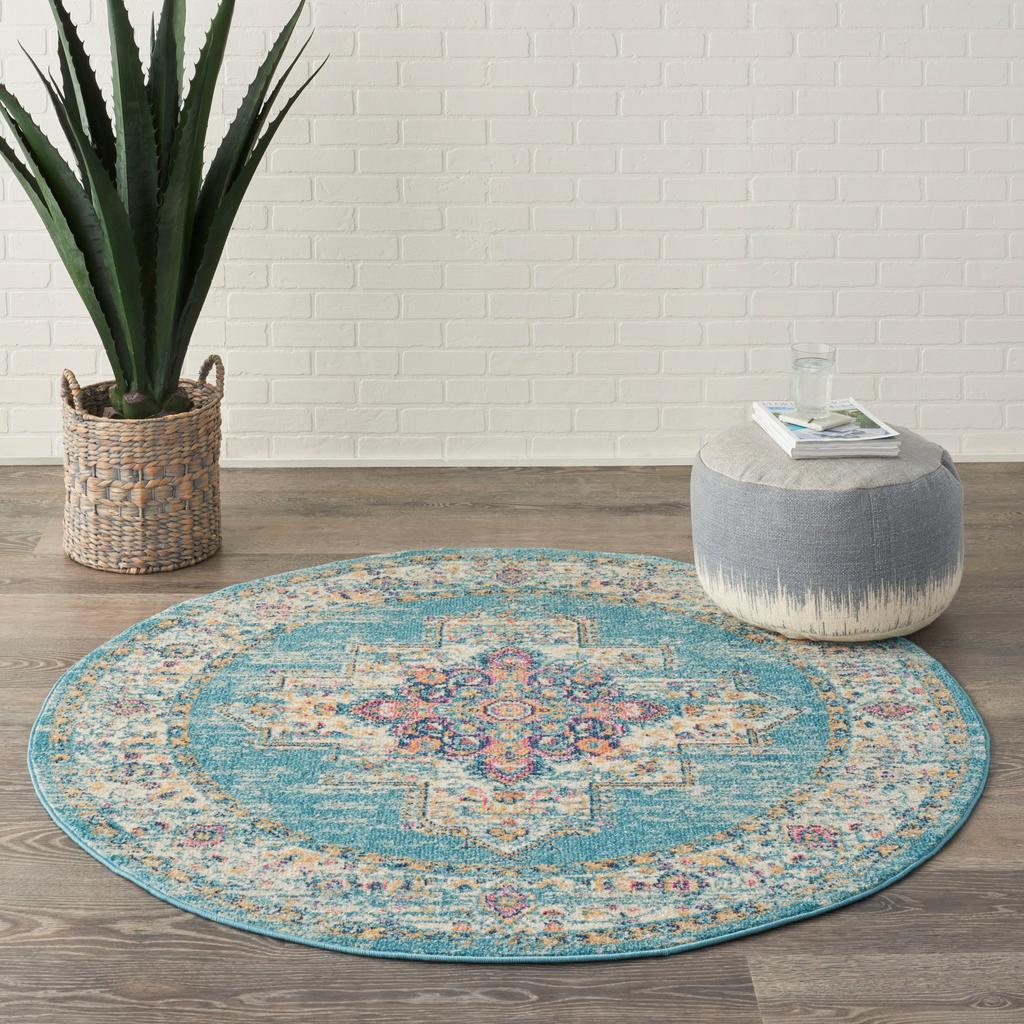 Nourison Home Passion PSN03 Light Blue Indoor Round Area Rug - Bohemian Power Loomed Machine Made Medium Pile