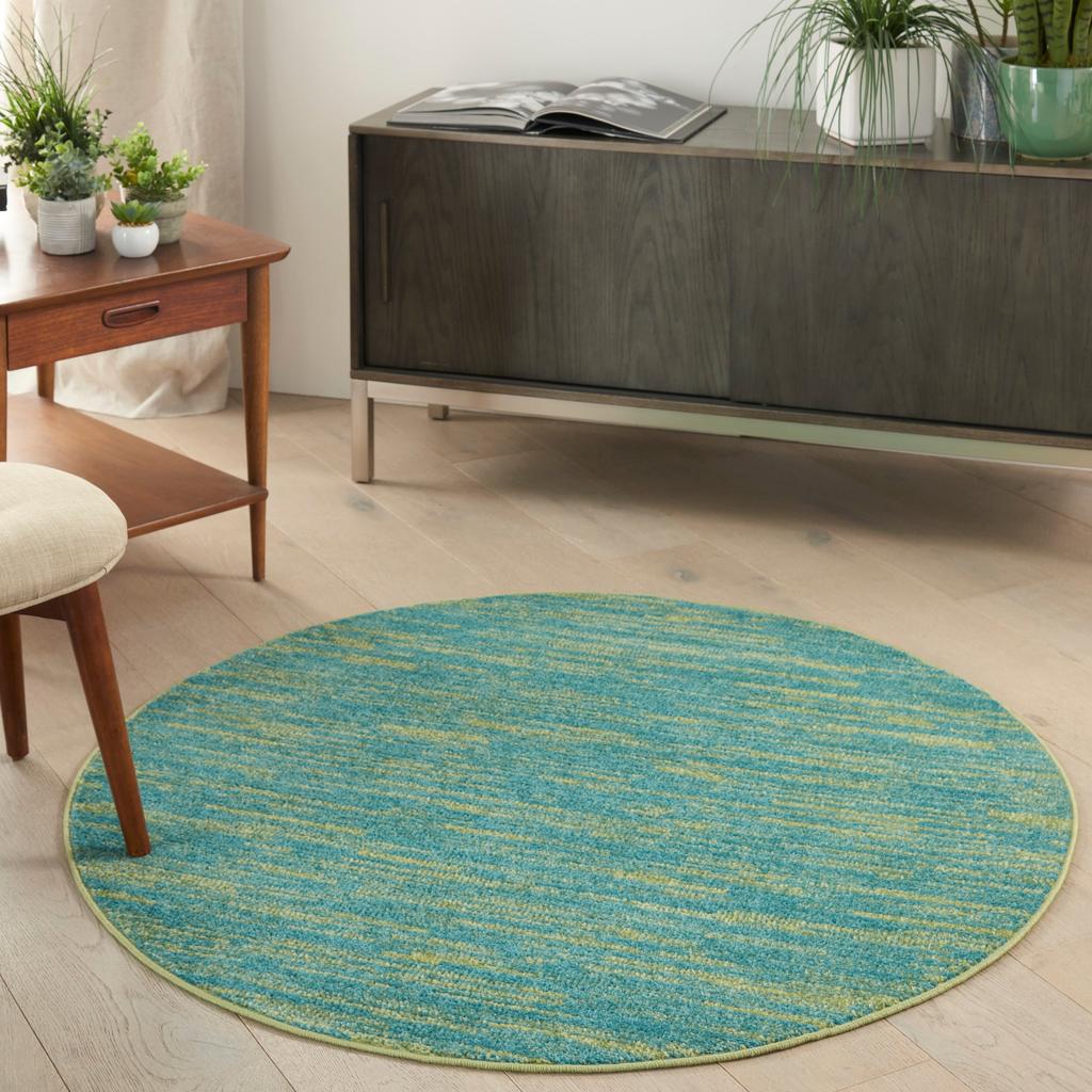 Nourison Home Nourison Essentials NRE01 Blue Green Indoor/Outdoor Round Area Rug - Outdoor Power Loomed Machine Made Low Pile