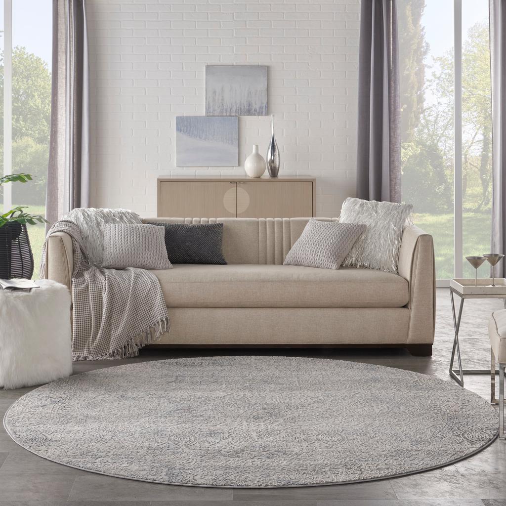 Nourison Home Rustic Textures RUS09 Ivory Light Blue Indoor Round Area Rug - Vintage Power Loomed Machine Made Medium Pile