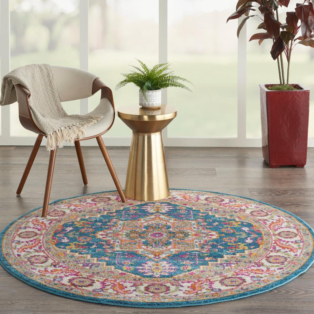 Nourison Home Passion PSN20 Teal Multicolor Indoor Round Area Rug - Bohemian Power Loomed Machine Made Medium Pile