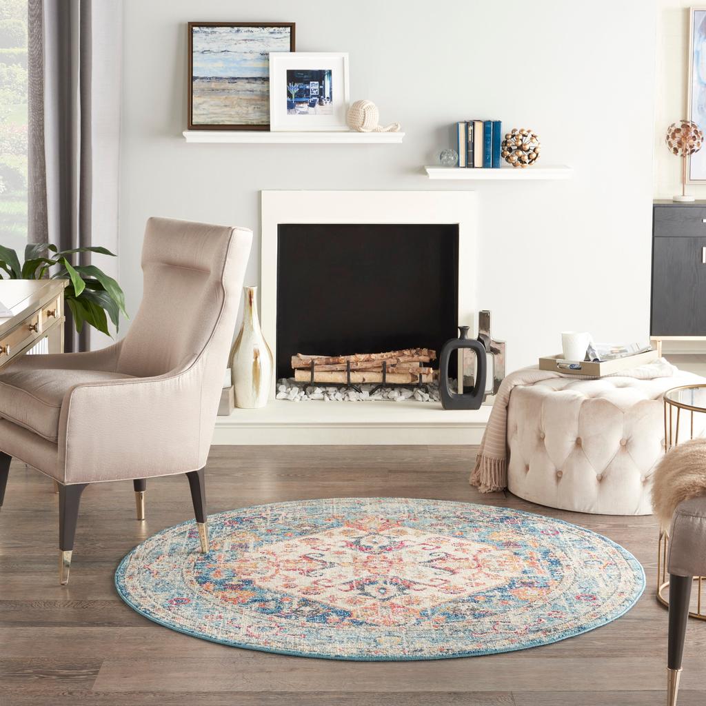 Nourison Home Passion PSN23 Ivory Light Blue Indoor Round Area Rug - Bohemian Power Loomed Machine Made Medium Pile