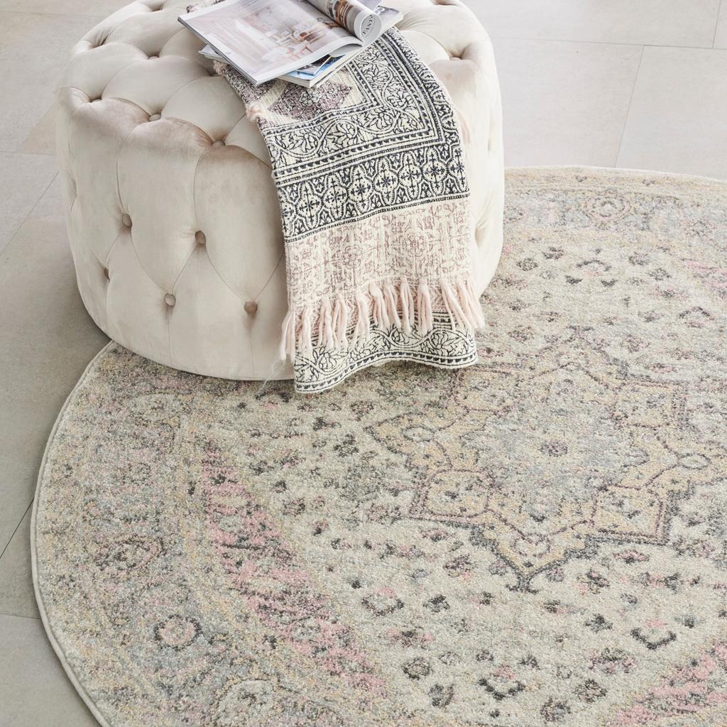 Nourison Home Tranquil TRA06 Pink and Beige Ivory Pink Indoor Round Area Rug - Vintage Power Loomed Machine Made Medium Pile