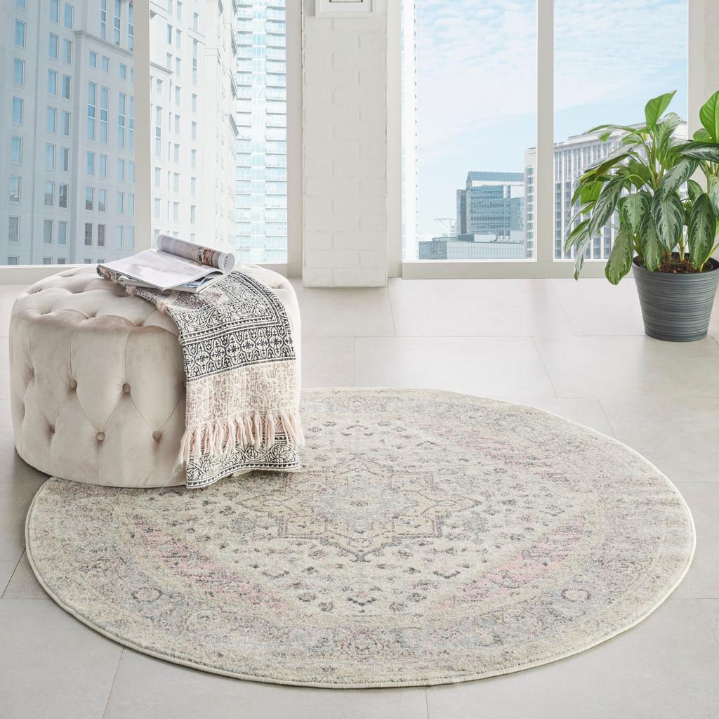 Nourison Home Tranquil TRA06 Pink and Beige Ivory Pink Indoor Round Area Rug - Vintage Power Loomed Machine Made Medium Pile