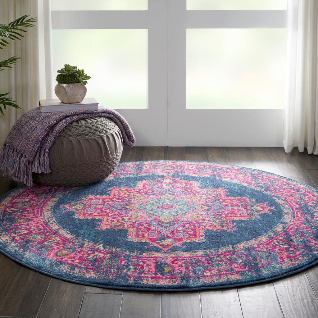 Nourison Home Passion PSN03 Blue Indoor Round Area Rug - Bohemian Power Loomed Machine Made Medium Pile