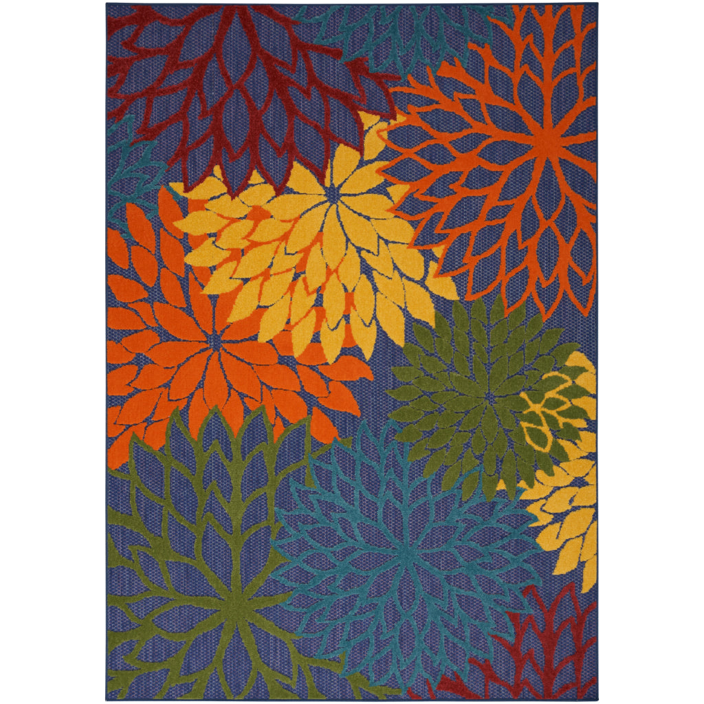 Nourison Home Aloha ALH05 Machine Made Multicolor Rectangle Area Rug - Stain Resistant Indoor & Outdoor Low Pile Floral Rug with Blue Background-