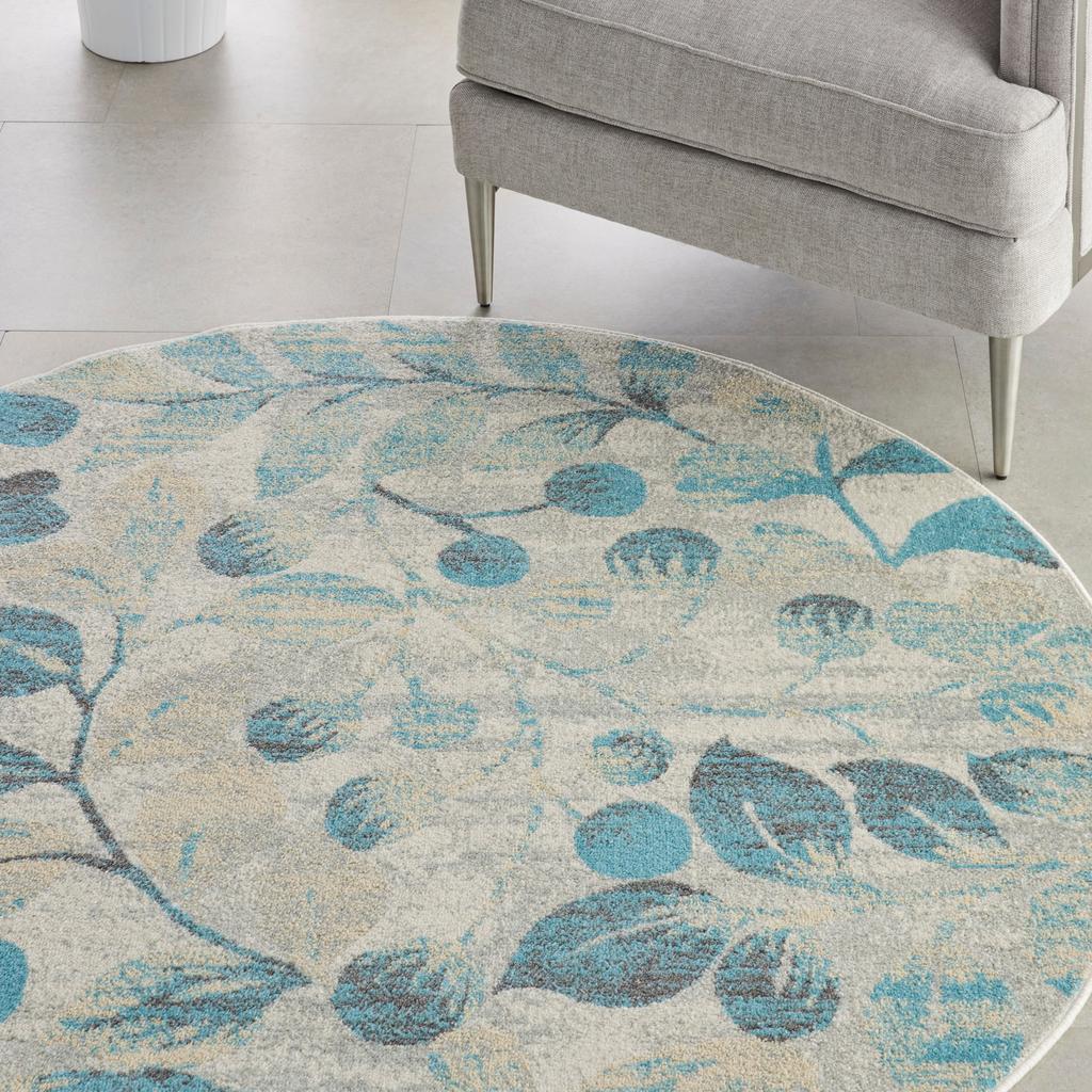 Nourison Home Tranquil TRA03 Ivory Turquoise Ivory/Turquoise Indoor Round Area Rug - Farmhouse Power Loomed Machine Made Medium Pile