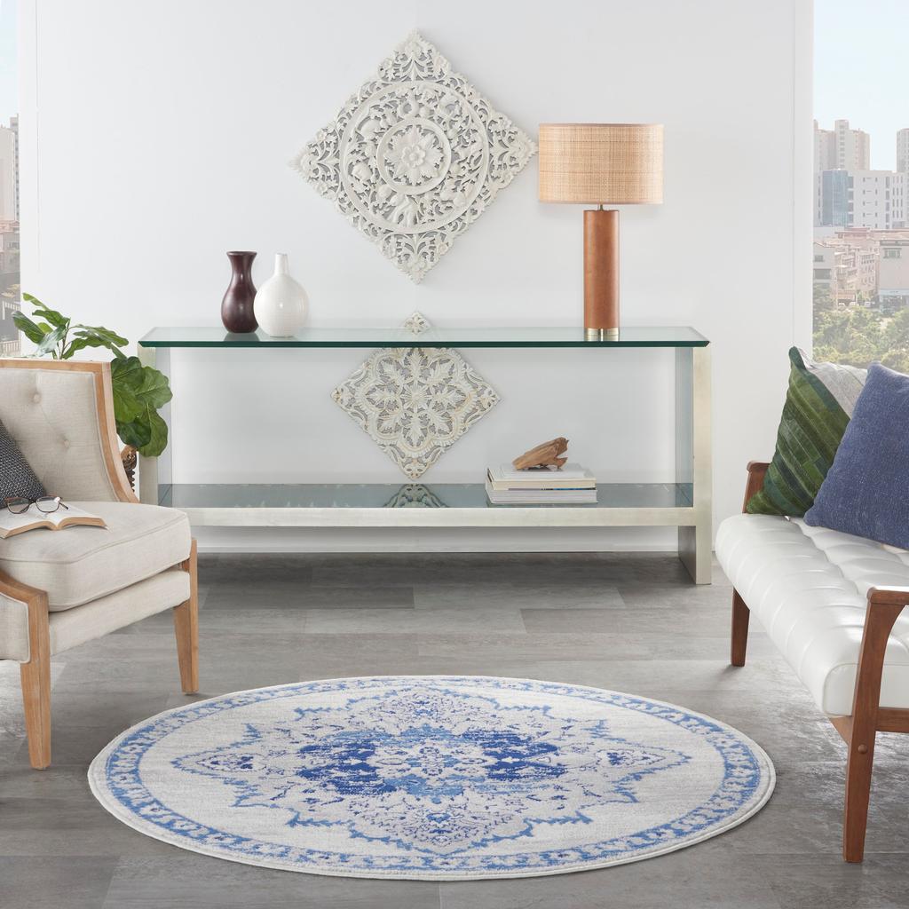 Nourison Home Whimsicle WHS14 Ivory Blue Indoor Round Area Rug - Bohemian Power Loomed Machine Made Low Pile