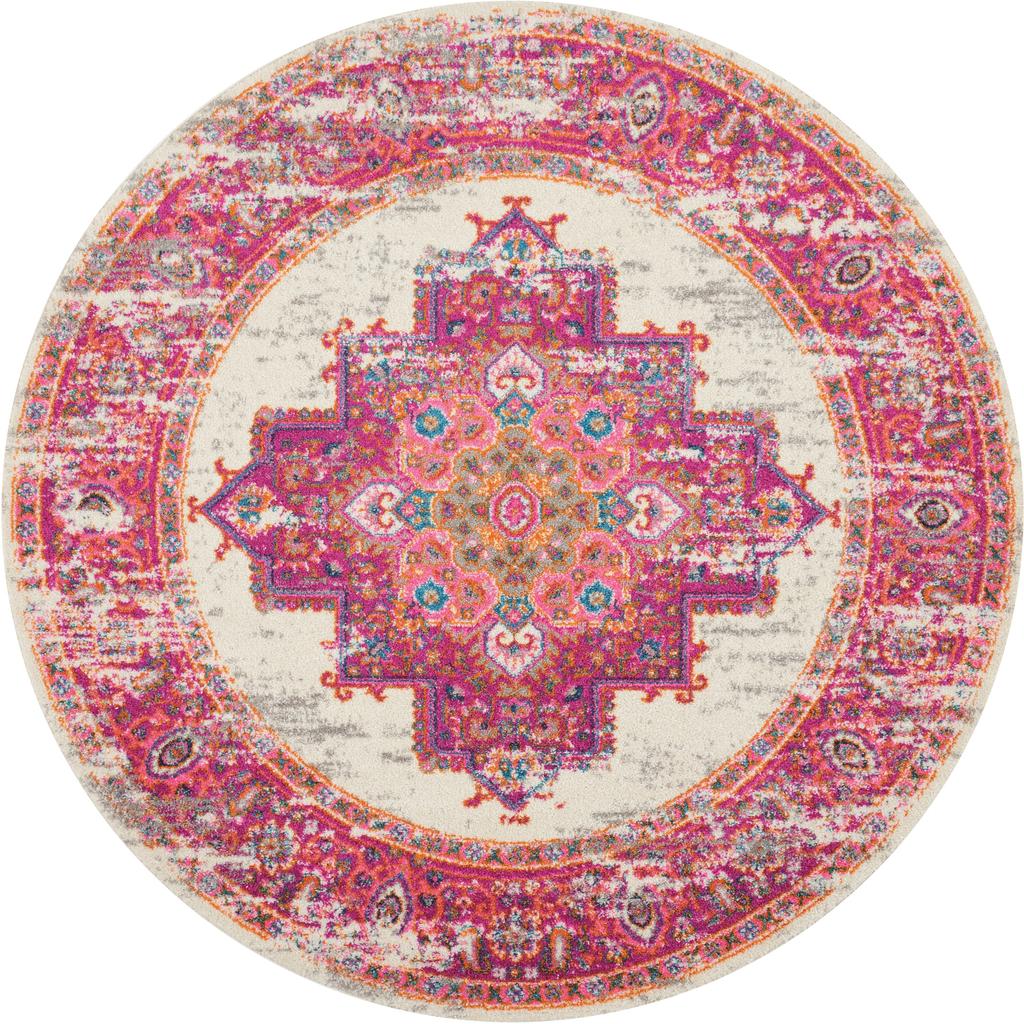 Nourison Home Passion PSN03 Pink and White Ivory/Fuchsia Indoor Round Area Rug - Bohemian Power Loomed Machine Made Medium Pile