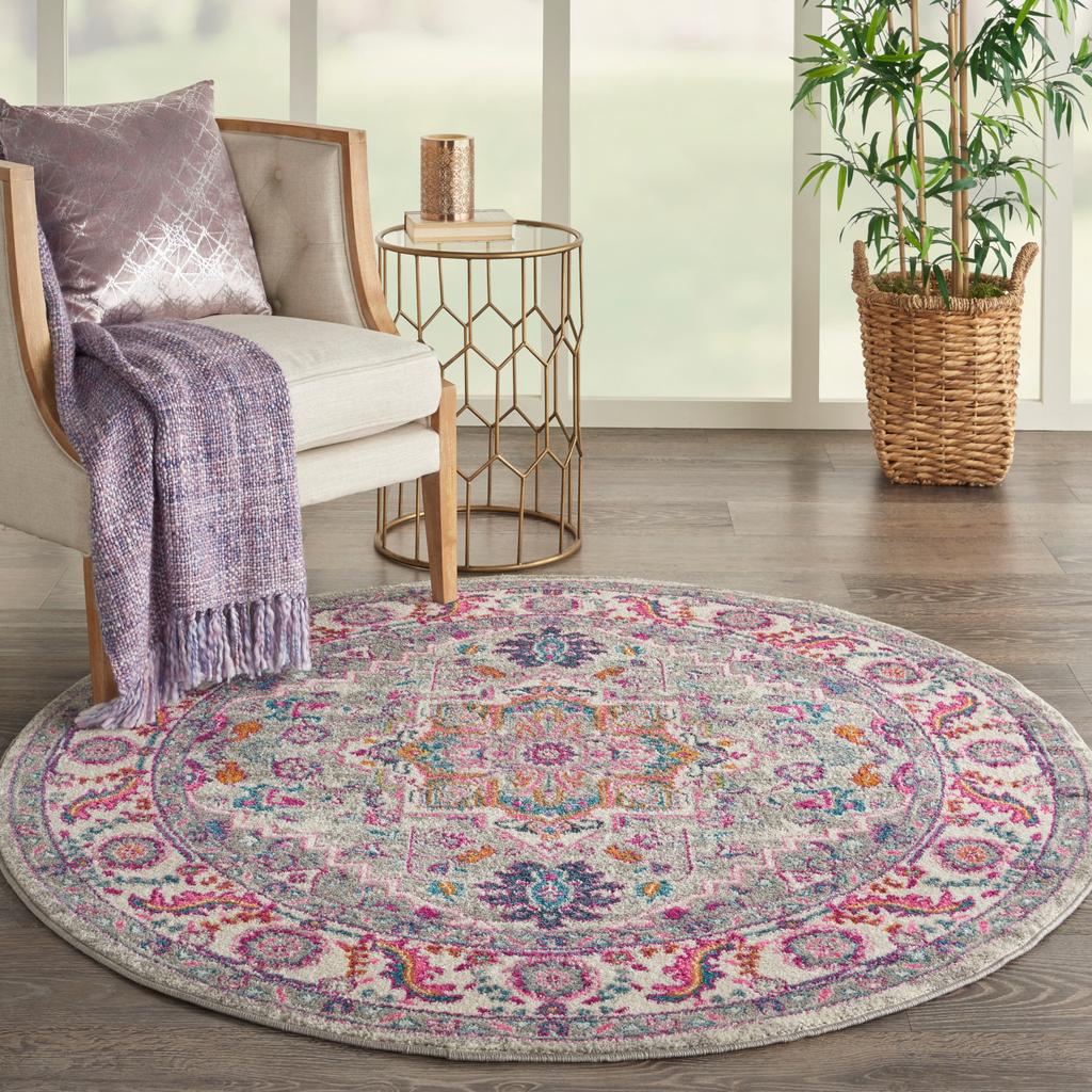 Nourison Home Passion PSN20 Light Grey Pink Indoor Round Area Rug - Bohemian Power Loomed Machine Made Medium Pile