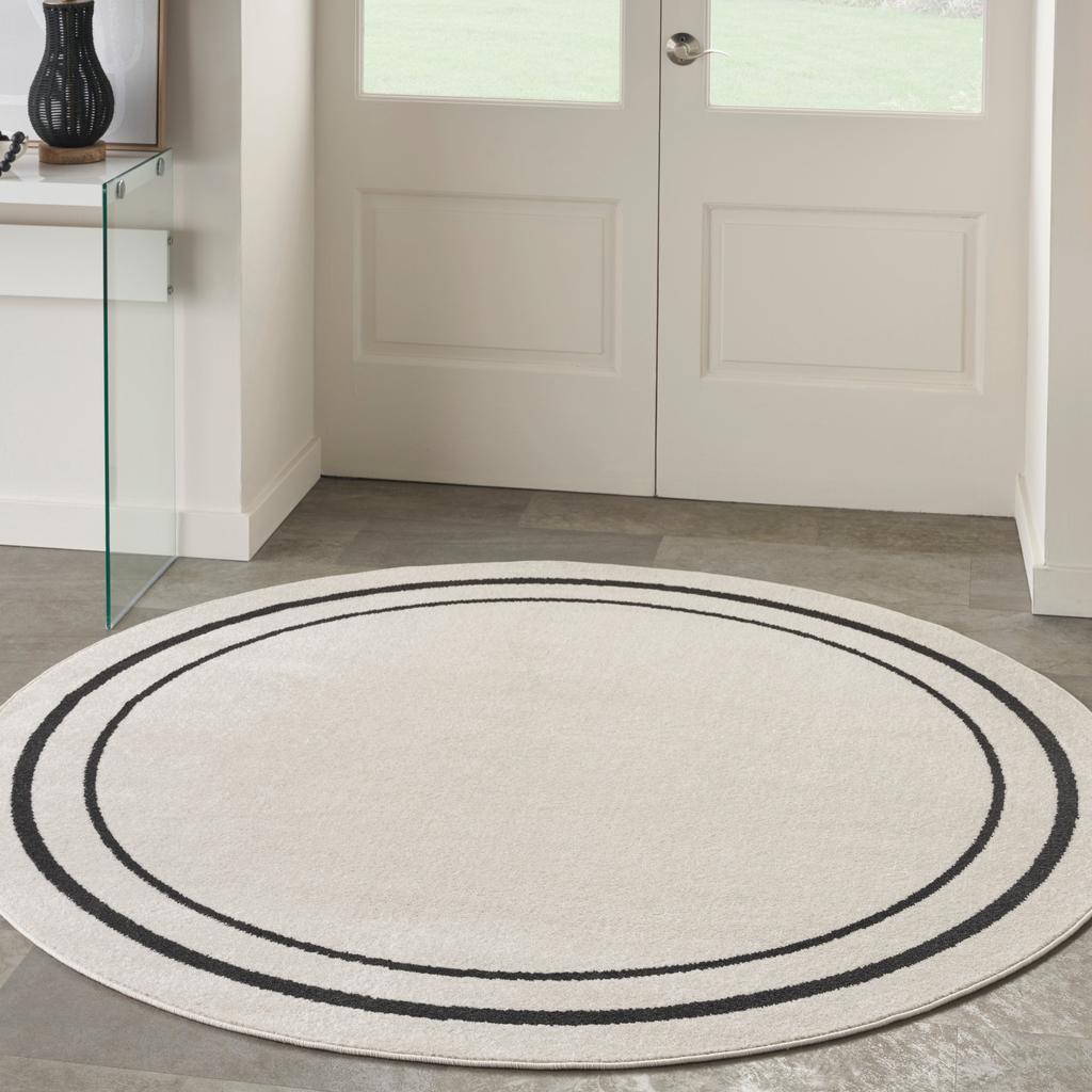 Nourison Home Nourison Essentials NRE02 Ivory Black Ivory/Black Indoor/Outdoor Round Area Rug - Contemporary Power Loomed Machine Made Low Pile