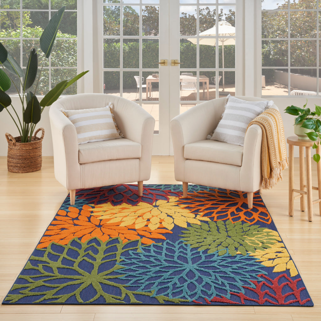Nourison Home Aloha ALH05 Machine Made Multicolor Rectangle Area Rug - Stain Resistant Indoor &amp; Outdoor Low Pile Floral Rug with Blue Background