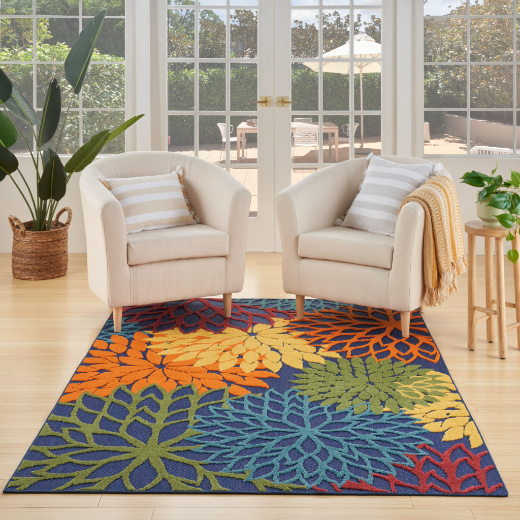 Nourison Home Aloha ALH05 Machine Made Multicolor Rectangle Area Rug - Stain Resistant Indoor & Outdoor Low Pile Floral Rug with Blue Background-