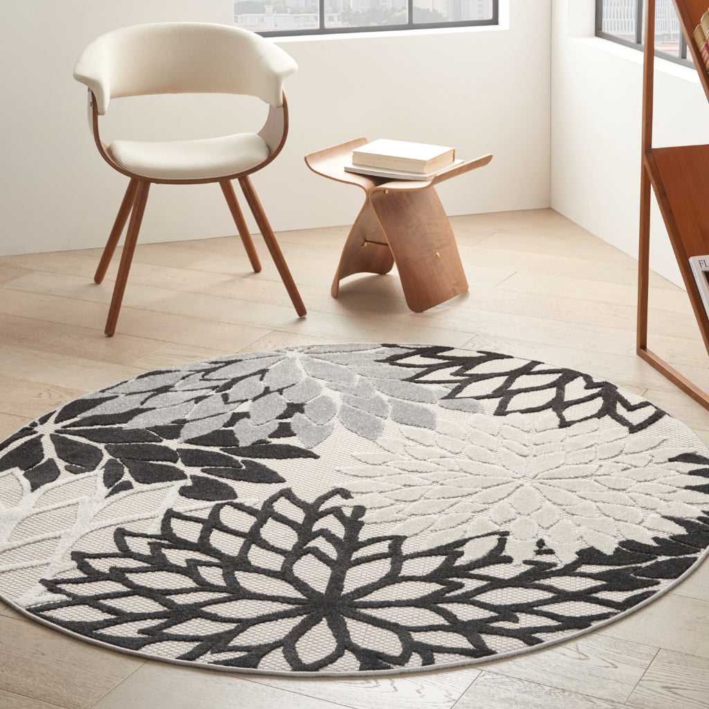 Nourison Home Aloha ALH05 Machine Made Multicolor Round Area Rug - Stain Resistant Indoor & Outdoor Low Pile Rug with Gray Floral Design-