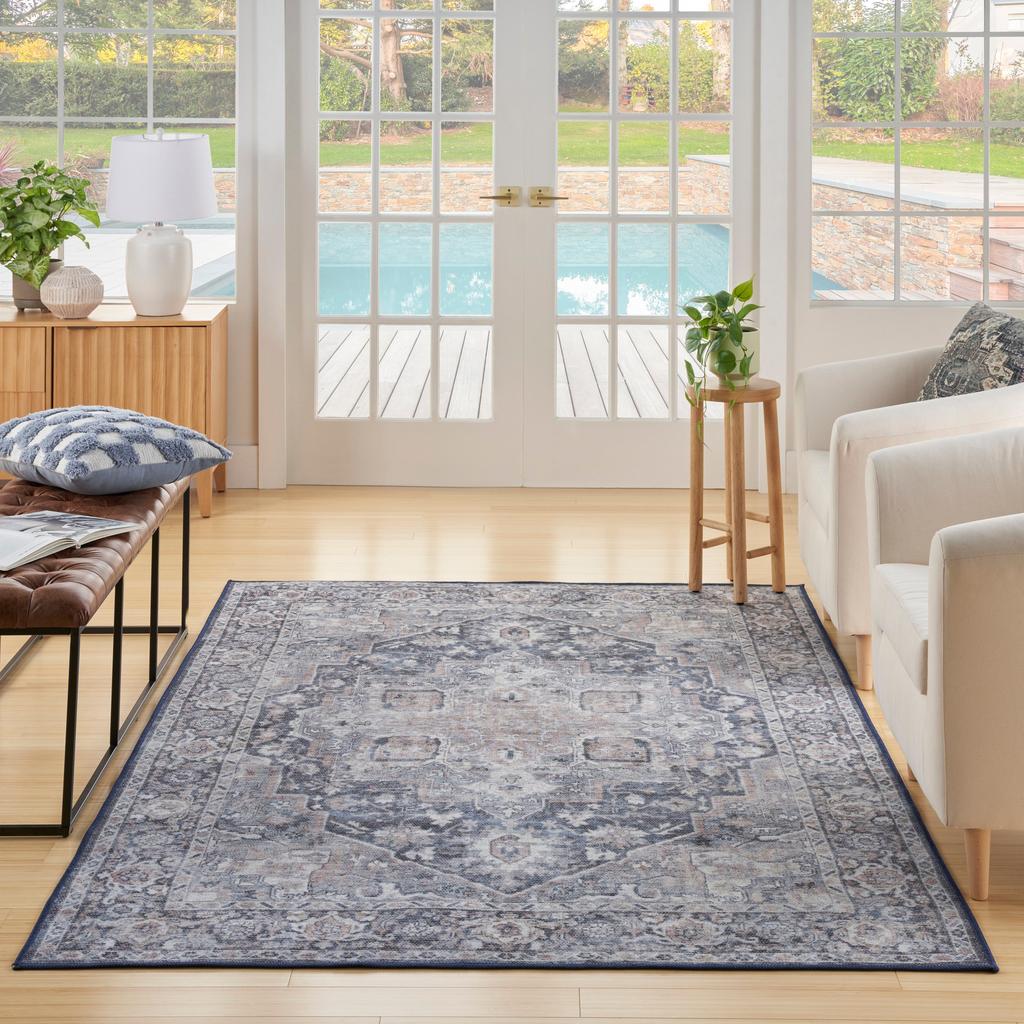 Nourison Home New Concept Washables SR101 Ivory Navy Indoor Rectangle Area Rug - Vintage Machine Woven Machine Made Low Pile