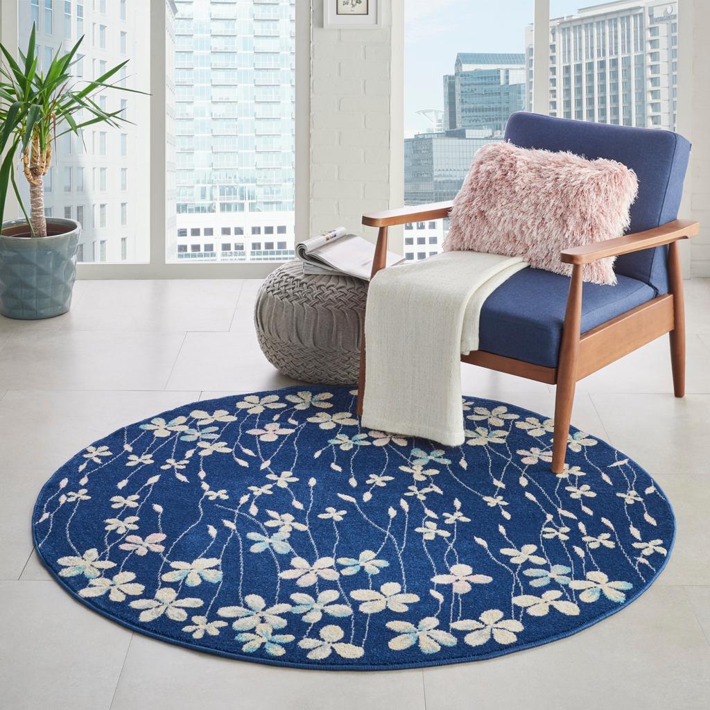 Nourison Home Tranquil TRA04 Navy Blue Navy Indoor Round Area Rug - Contemporary Power Loomed Machine Made Medium Pile