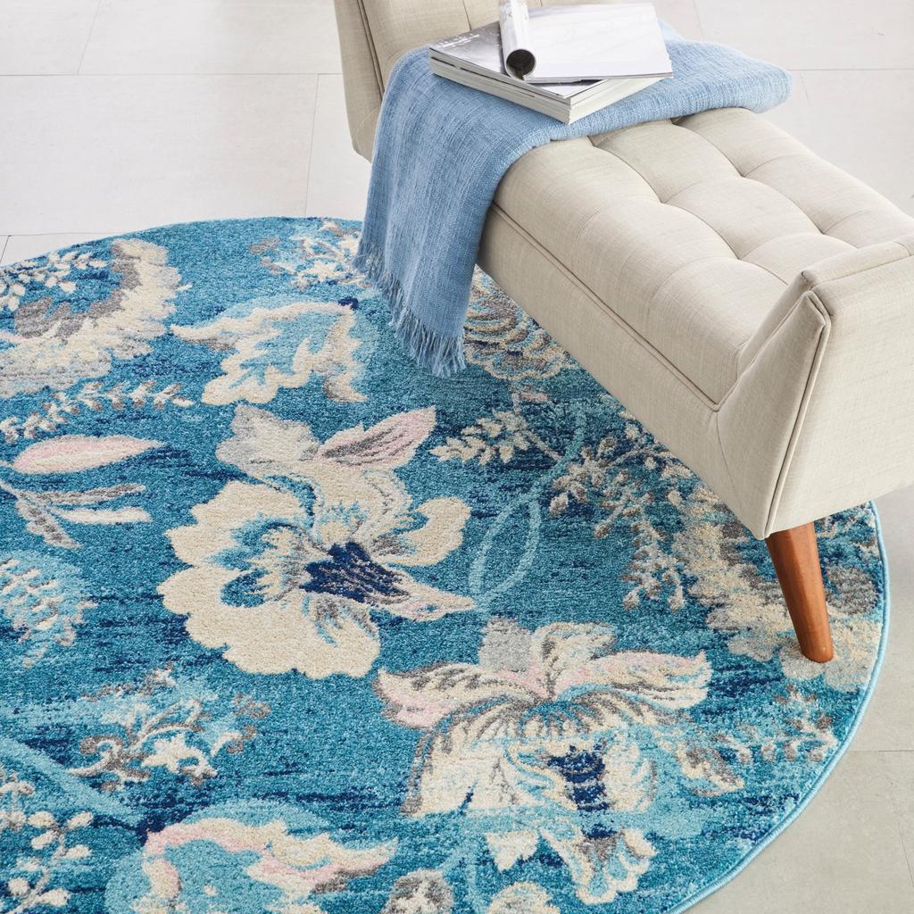 Nourison Home Tranquil TRA02 Turquoise Indoor Round Area Rug - Vintage Power Loomed Machine Made Medium Pile