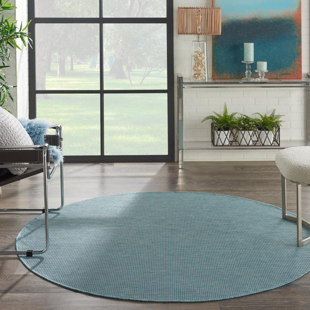 Nourison Home Positano POS01 Aqua Indoor/Outdoor Round Area Rug - Modern Power Loomed Machine Made Low Pile
