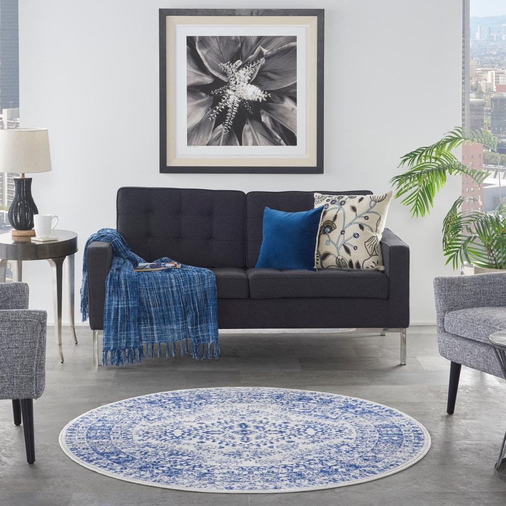 Nourison Home Whimsicle WHS15 Ivory Navy Indoor Round Area Rug - Farmhouse Power Loomed Machine Made Low Pile