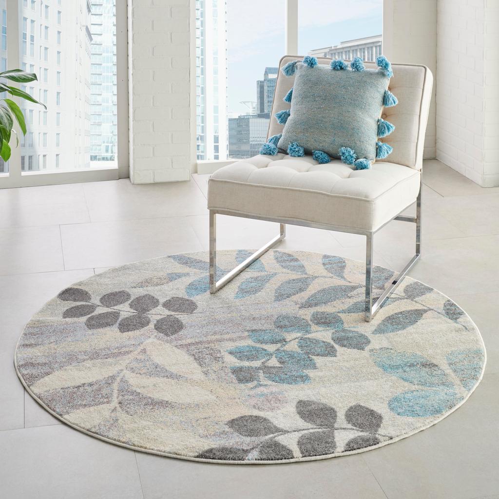 Nourison Home Tranquil TRA01 Ivory Blue Ivory/Light Blue Indoor Round Area Rug - Farmhouse Power Loomed Machine Made Medium Pile