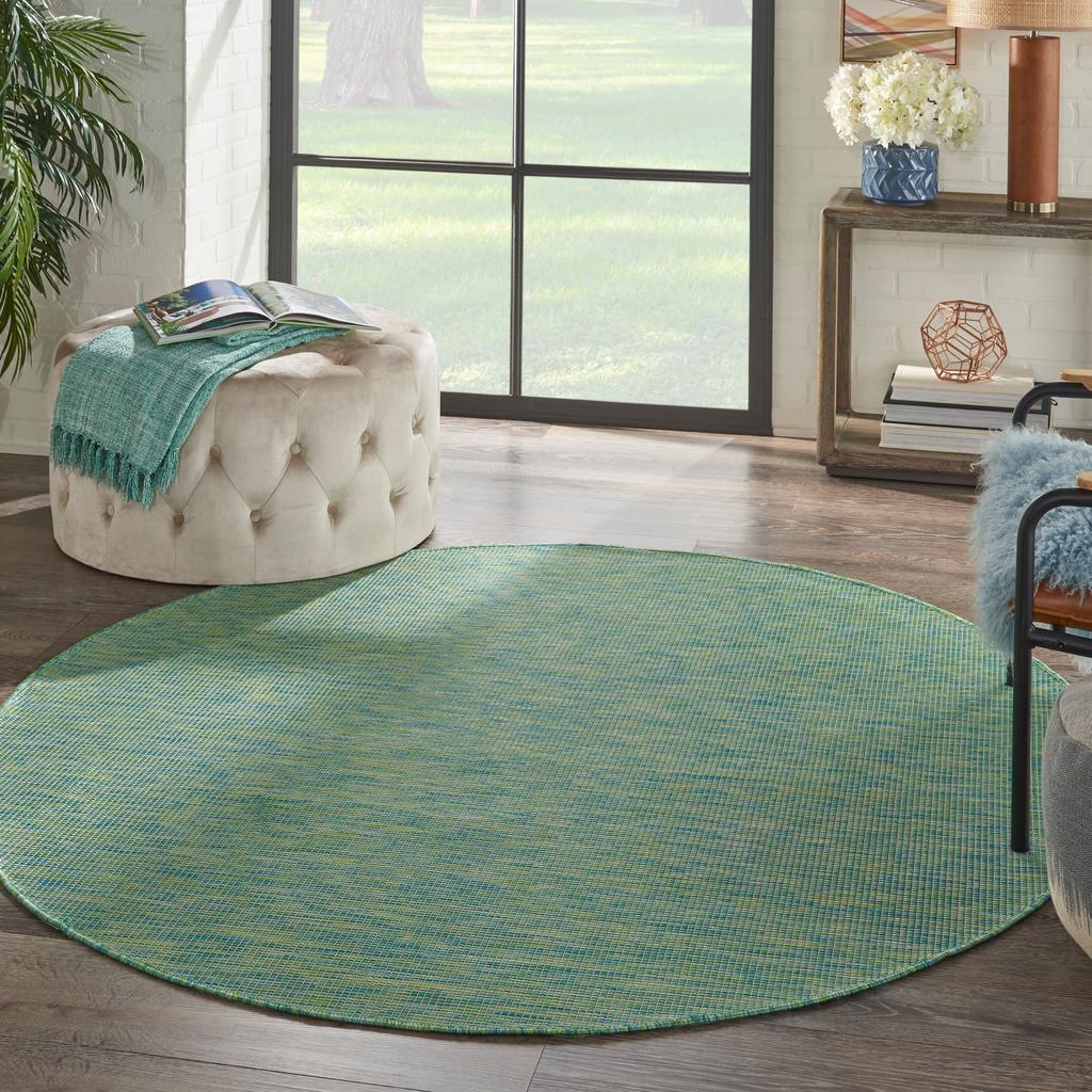 Nourison Home Positano POS01 Blue Green Indoor/Outdoor Round Area Rug - Modern Power Loomed Machine Made Low Pile