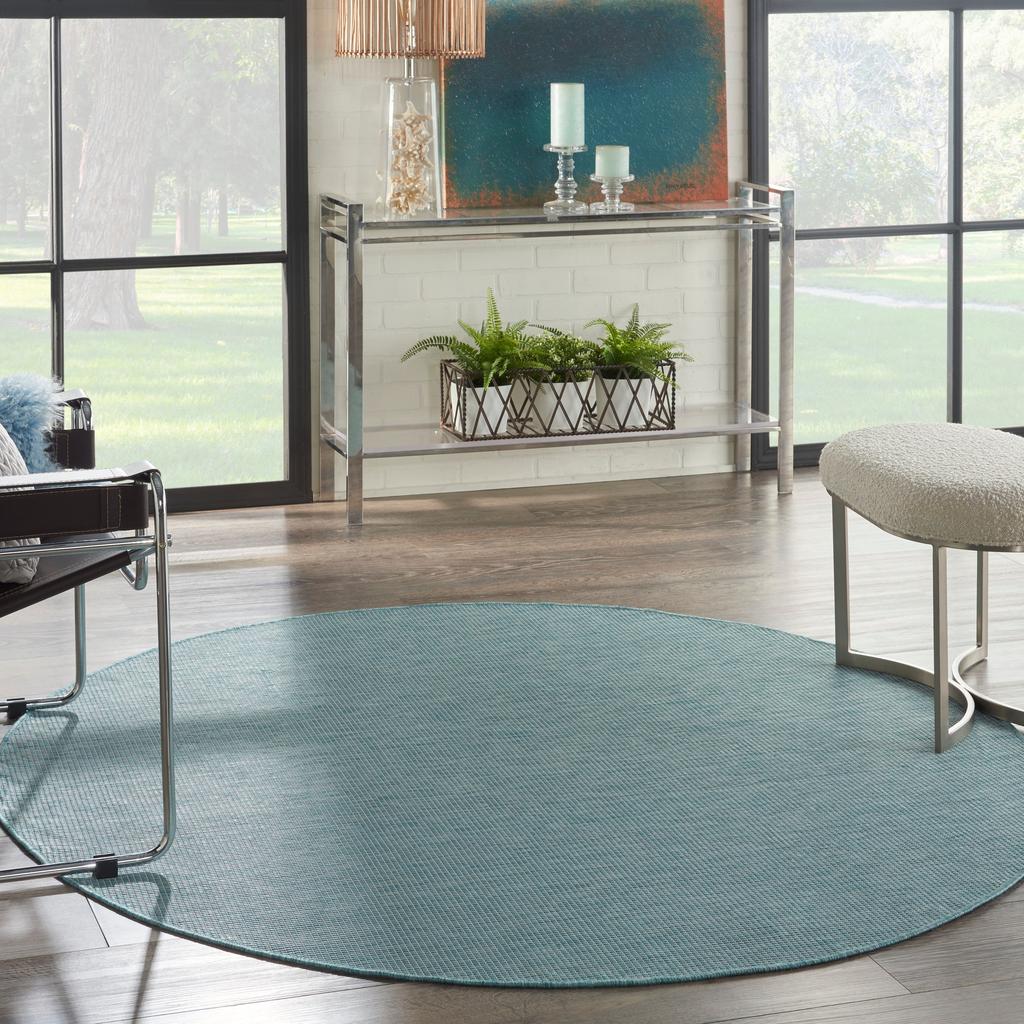 Nourison Home Positano POS01 Aqua Indoor/Outdoor Round Area Rug - Modern Power Loomed Machine Made Low Pile