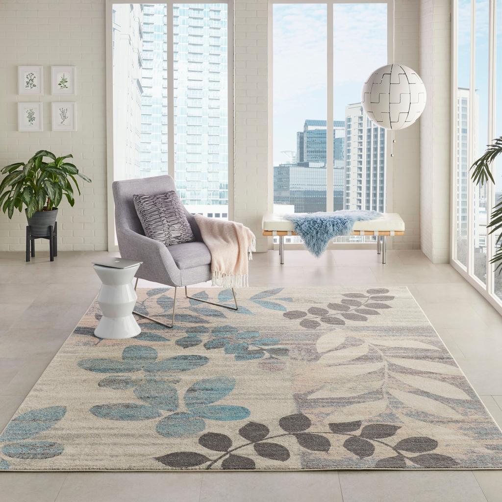Nourison Home Tranquil TRA01 White and Blue Ivory/Light Blue Indoor Rectangle Area Rug - Farmhouse Power Loomed Machine Made Medium Pile