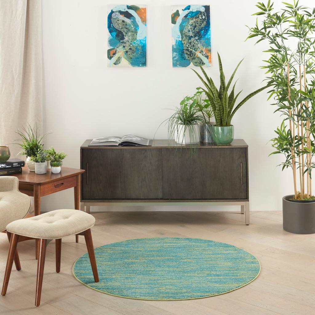 Nourison Home Nourison Essentials NRE01 Blue Green Indoor/Outdoor Round Area Rug - Outdoor Power Loomed Machine Made Low Pile