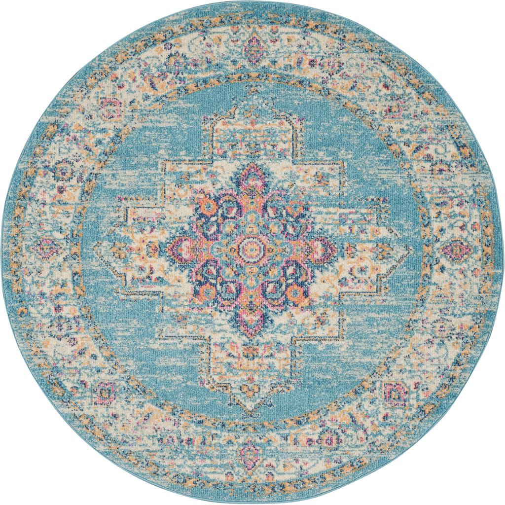 Nourison Home Passion PSN03 Light Blue Indoor Round Area Rug - Bohemian Power Loomed Machine Made Medium Pile