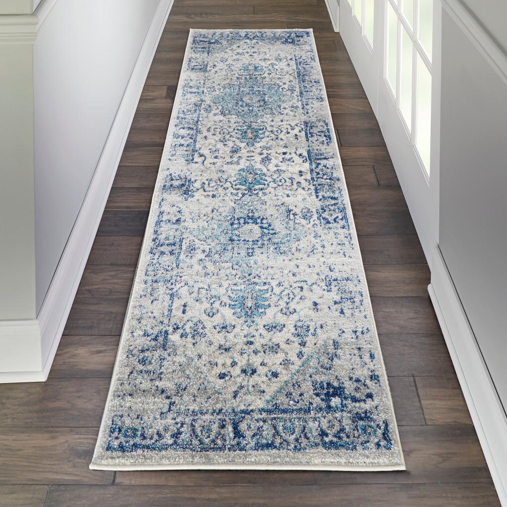 Nourison Home Tranquil TRA06 Navy Blue and White Ivory/Light Blue Indoor Runner - Vintage Power Loomed Machine Made Medium Pile