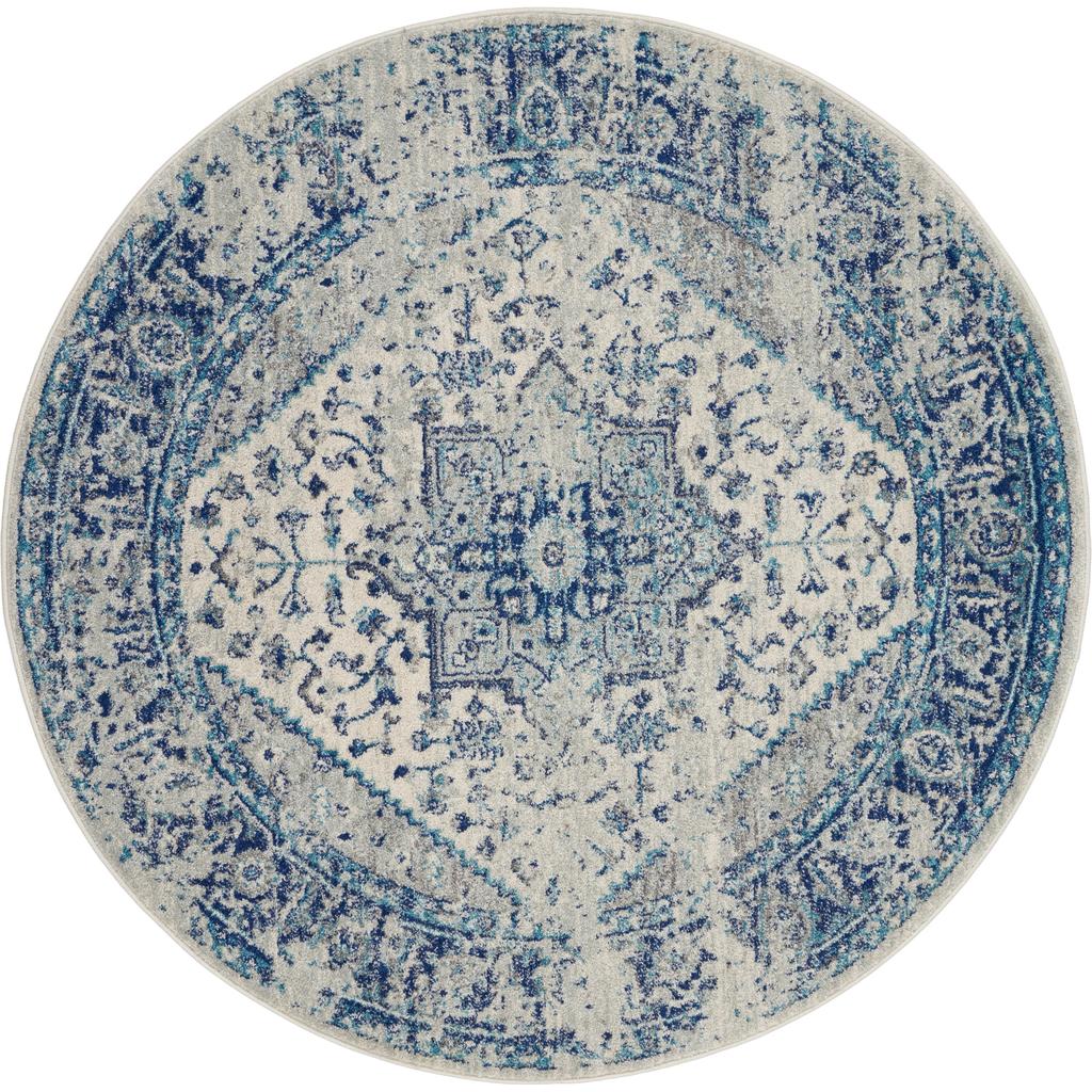 Nourison Home Tranquil TRA06 Navy Blue and White Ivory/Light Blue Indoor Round Area Rug - Vintage Power Loomed Machine Made Medium Pile
