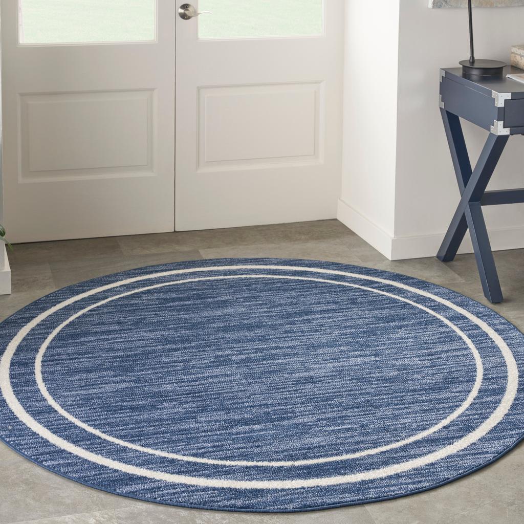Nourison Home Nourison Essentials NRE02 Navy Ivory Navy/Ivory Indoor/Outdoor Round Area Rug - Contemporary Power Loomed Machine Made Low Pile