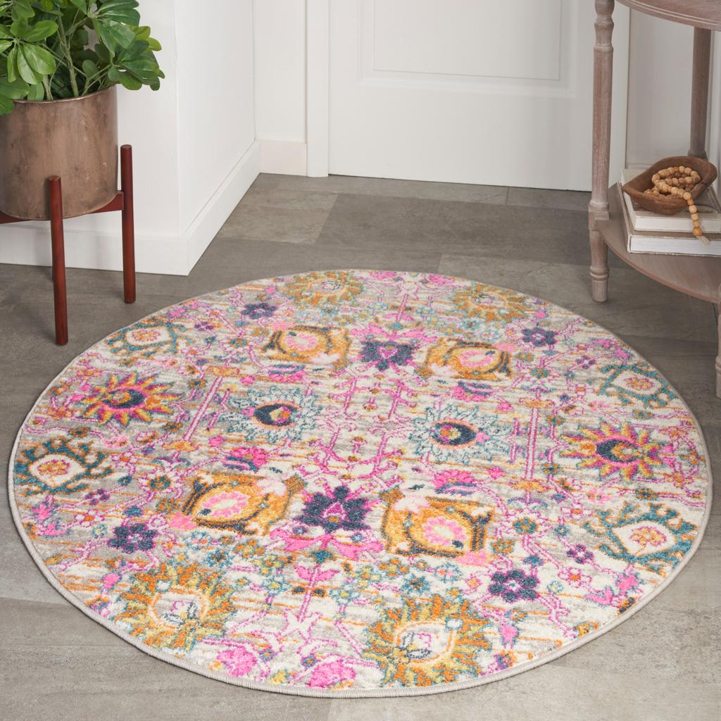 Nourison Home Passion PSN01 Pink and Grey Silver Indoor Round Area Rug - Bohemian Power Loomed Machine Made Medium Pile