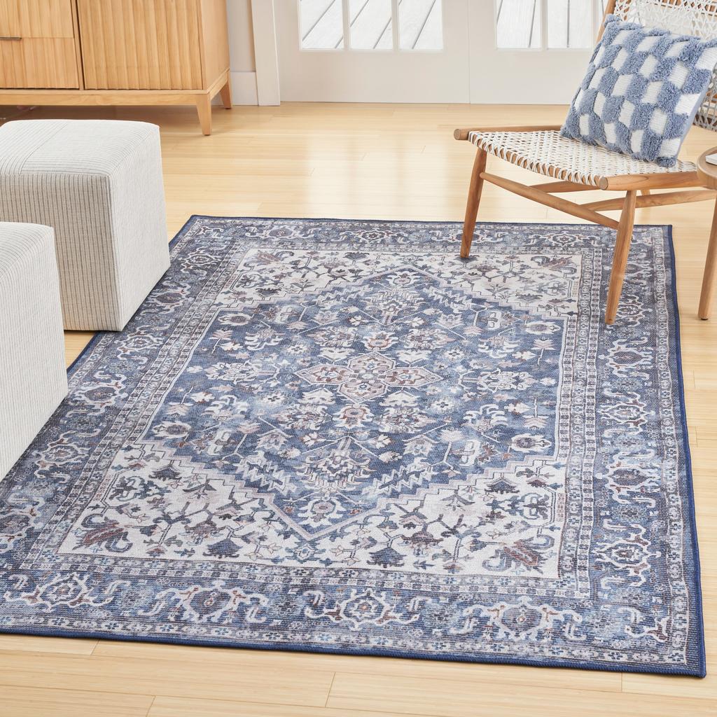 Nourison Home New Concept Washables SR104 Navy Ivory Indoor Rectangle Area Rug - Vintage Machine Woven Machine Made Low Pile