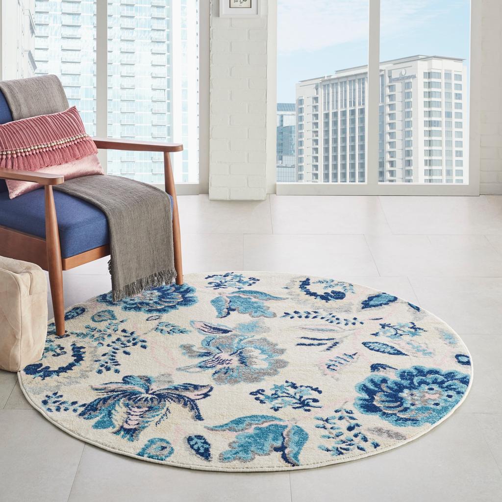 Nourison Home Tranquil TRA02 Ivory Light Blue Ivory/Light Blue Indoor Round Area Rug - Farmhouse Power Loomed Machine Made Medium Pile