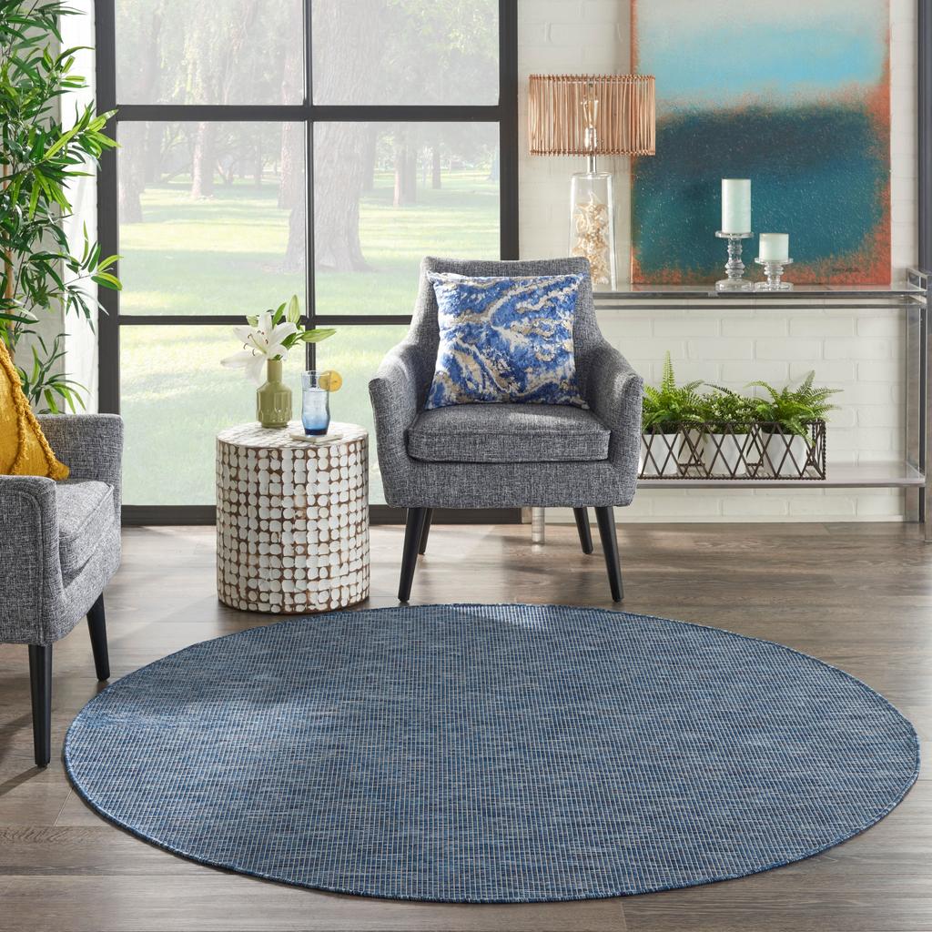 Nourison Home Positano POS01 Navy Blue Indoor/Outdoor Round Area Rug - Modern Power Loomed Machine Made Low Pile