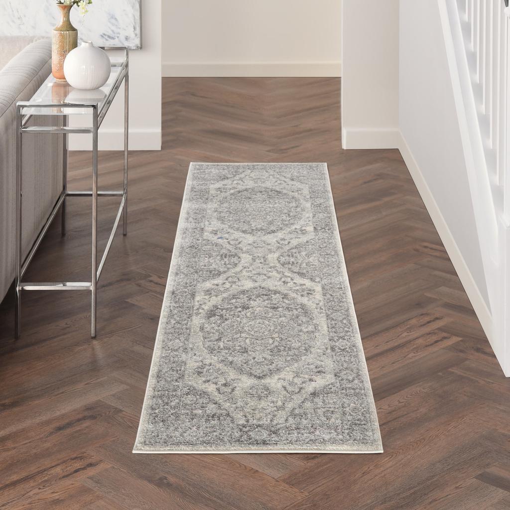 Nourison Home Tranquil TRA05 Grey and White Ivory/Grey Indoor Runner - Vintage Power Loomed Machine Made Medium Pile