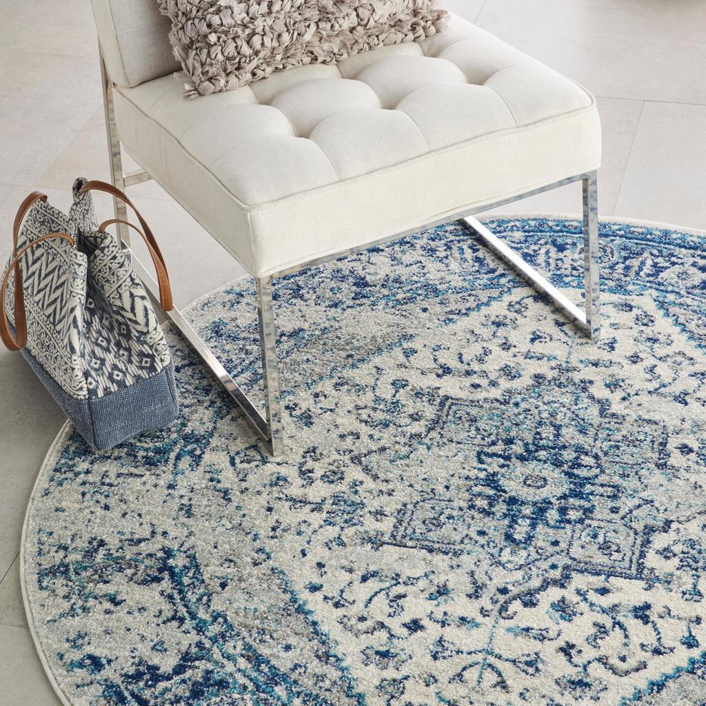 Nourison Home Tranquil TRA06 Navy Blue and White Ivory/Light Blue Indoor Round Area Rug - Vintage Power Loomed Machine Made Medium Pile