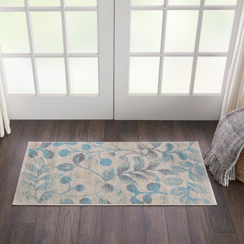 Nourison Home Tranquil TRA03 Ivory Turquoise Ivory/Turquoise Indoor Rectangle Area Rug - Farmhouse Power Loomed Machine Made Medium Pile