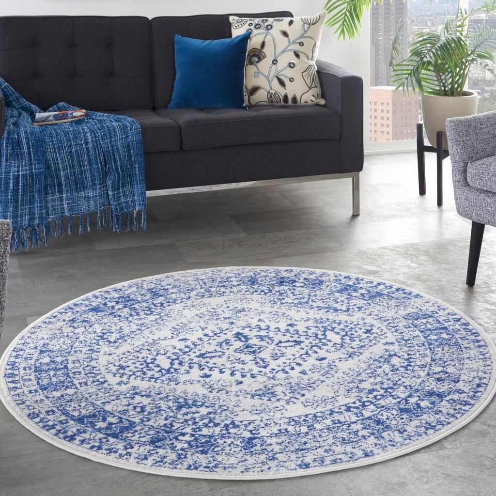 Nourison Home Whimsicle WHS15 Ivory Navy Indoor Round Area Rug - Farmhouse Power Loomed Machine Made Low Pile