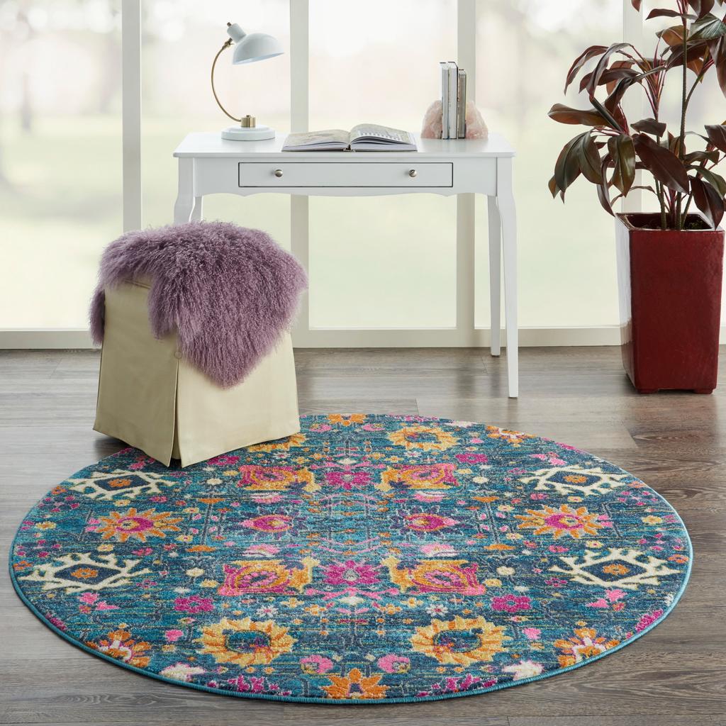 Nourison Home Passion PSN01 Denim Indoor Round Area Rug - Bohemian Power Loomed Machine Made Medium Pile