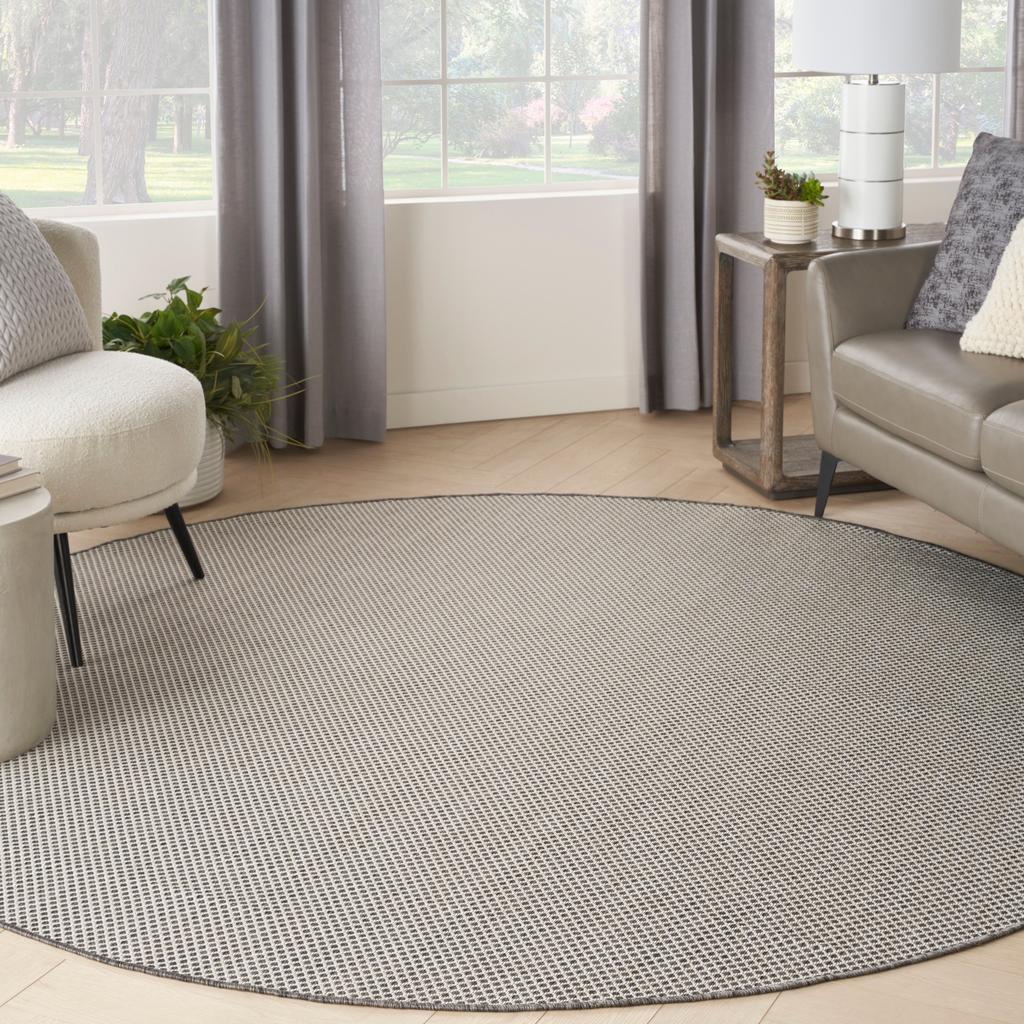 Nourison Home Courtyard COU01 Ivory Charcoal Indoor/Outdoor Round Area Rug - Modern Power Loomed Machine Made Low Pile