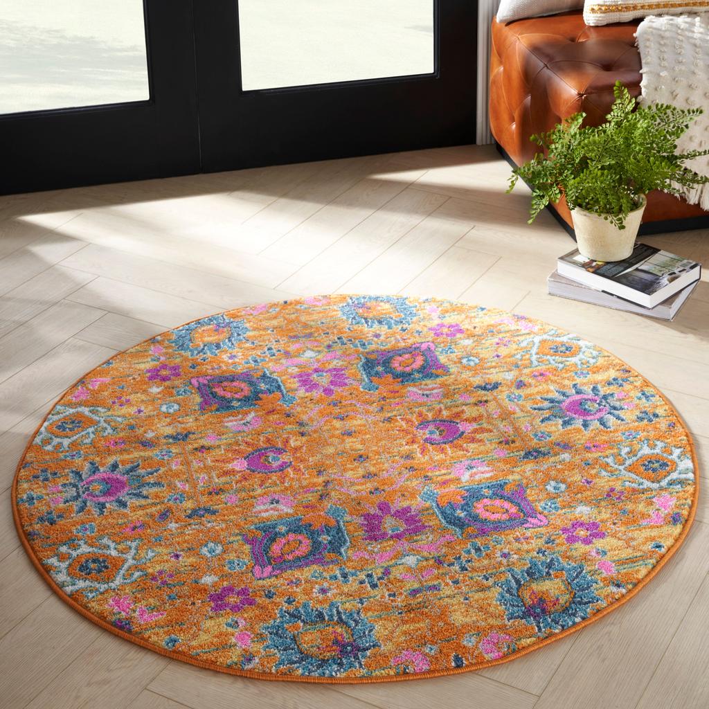 Nourison Home Passion PSN01 Orange Sunburst Indoor Round Area Rug - Bohemian Power Loomed Machine Made Medium Pile