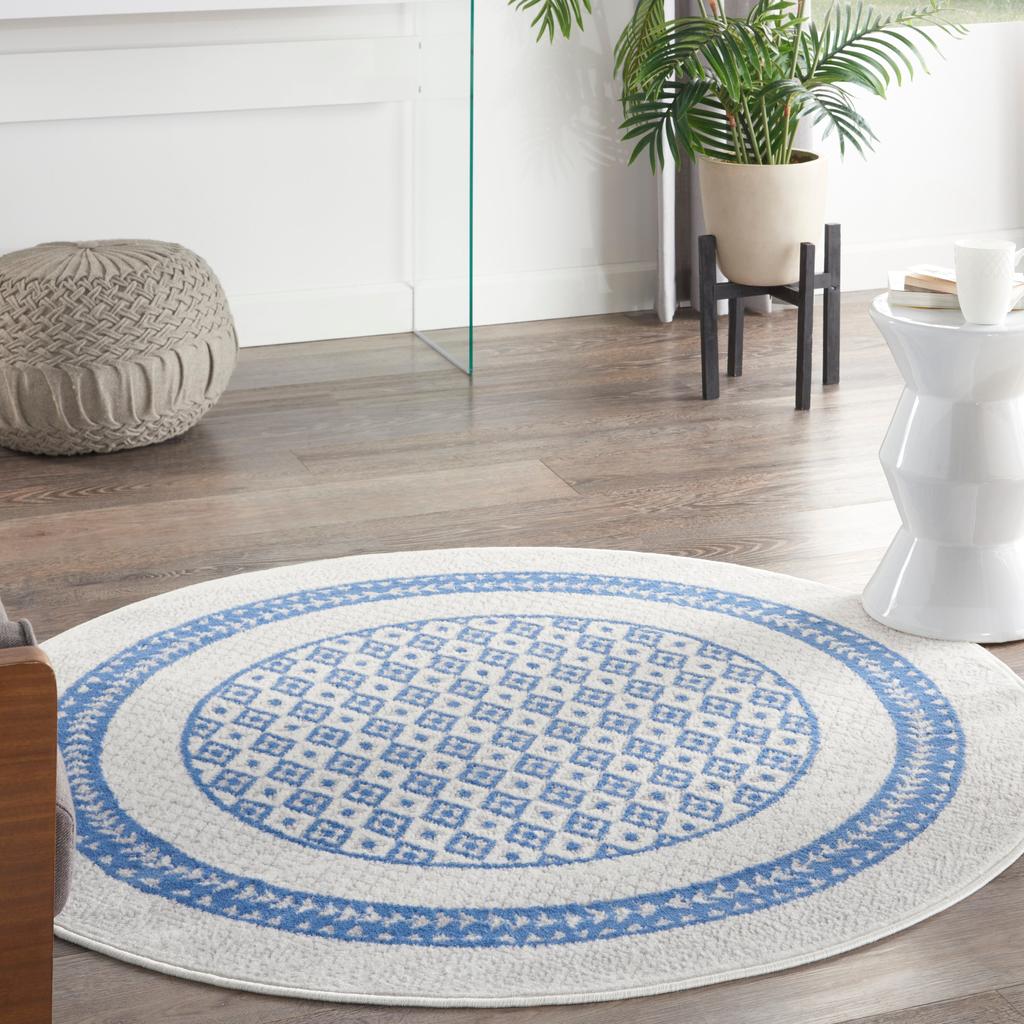 Nourison Home Whimsicle WHS13 Ivory Blue Indoor Round Area Rug - Farmhouse Power Loomed Machine Made Low Pile