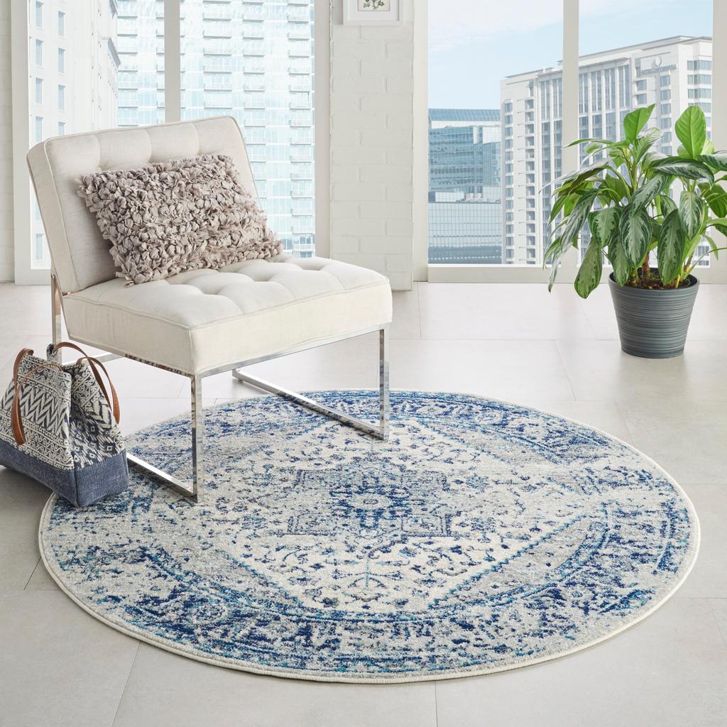 Nourison Home Tranquil TRA06 Navy Blue and White Ivory/Light Blue Indoor Round Area Rug - Vintage Power Loomed Machine Made Medium Pile
