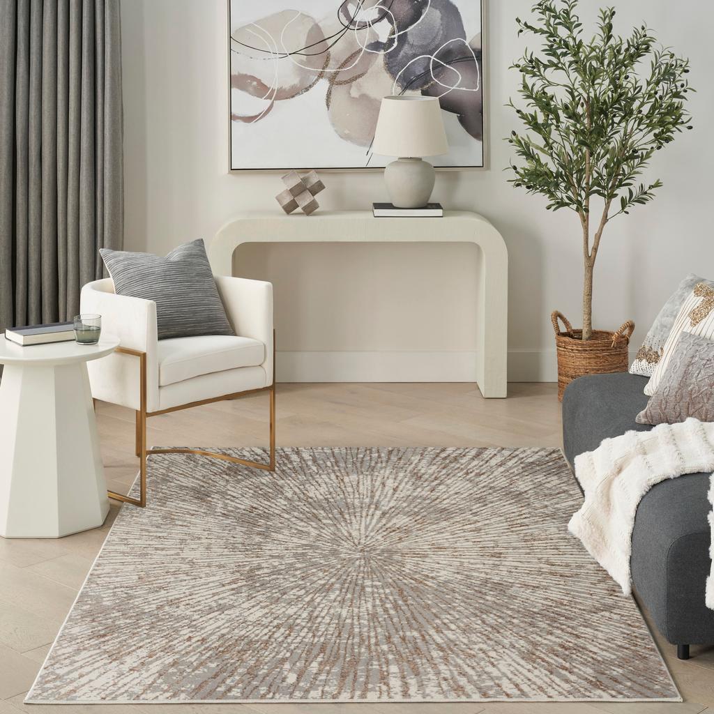 Nourison Home Glow MTL01 Grey Mocha Indoor Rectangle Area Rug - Glam Power Loomed Machine Made Medium Pile