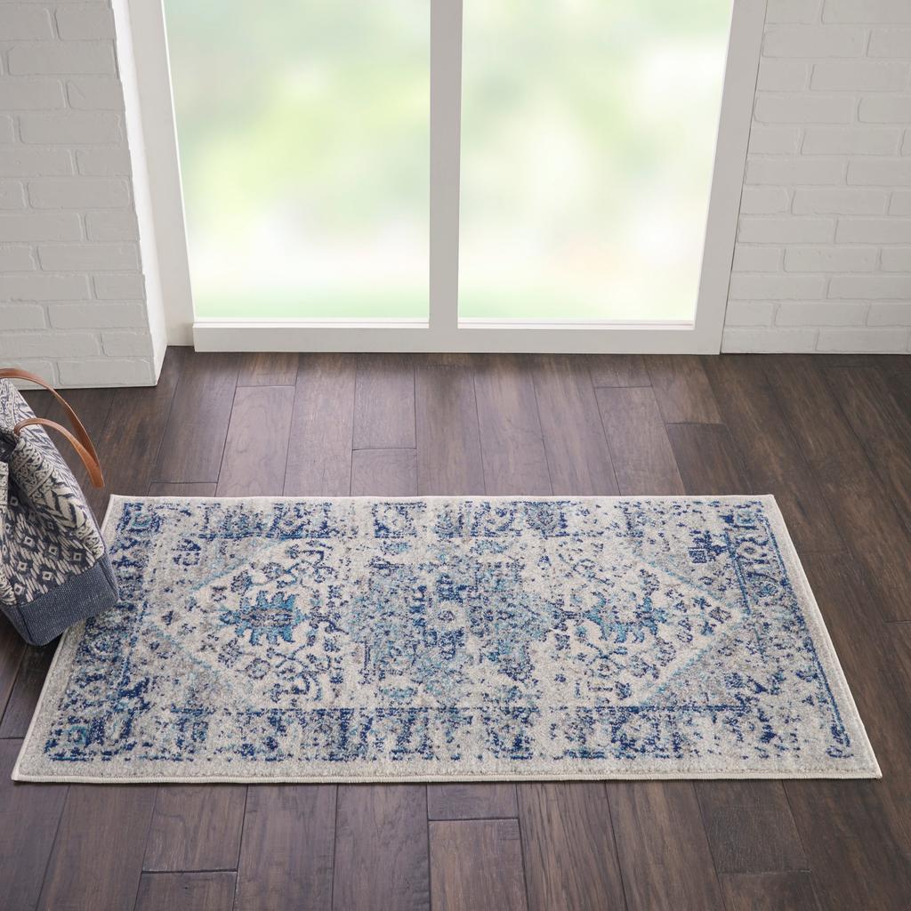 Nourison Home Tranquil TRA06 Navy Blue and White Ivory/Light Blue Indoor Rectangle Area Rug - Vintage Power Loomed Machine Made Medium Pile