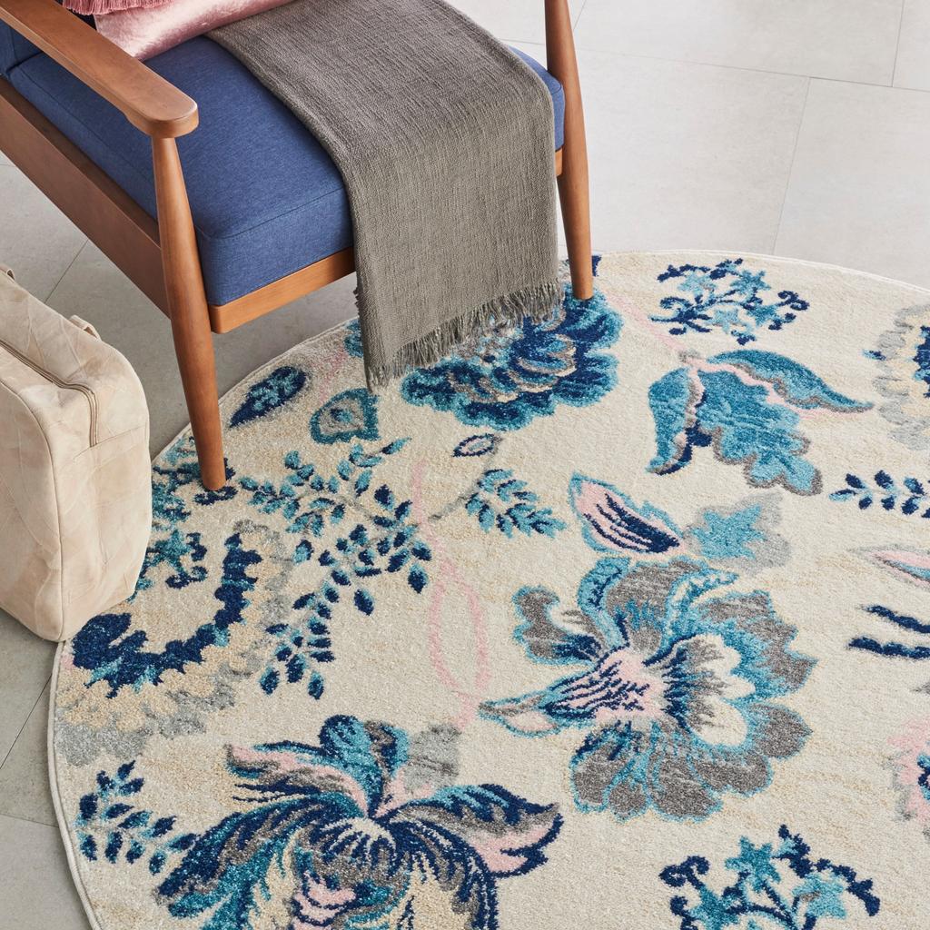 Nourison Home Tranquil TRA02 Ivory Light Blue Ivory/Light Blue Indoor Round Area Rug - Farmhouse Power Loomed Machine Made Medium Pile