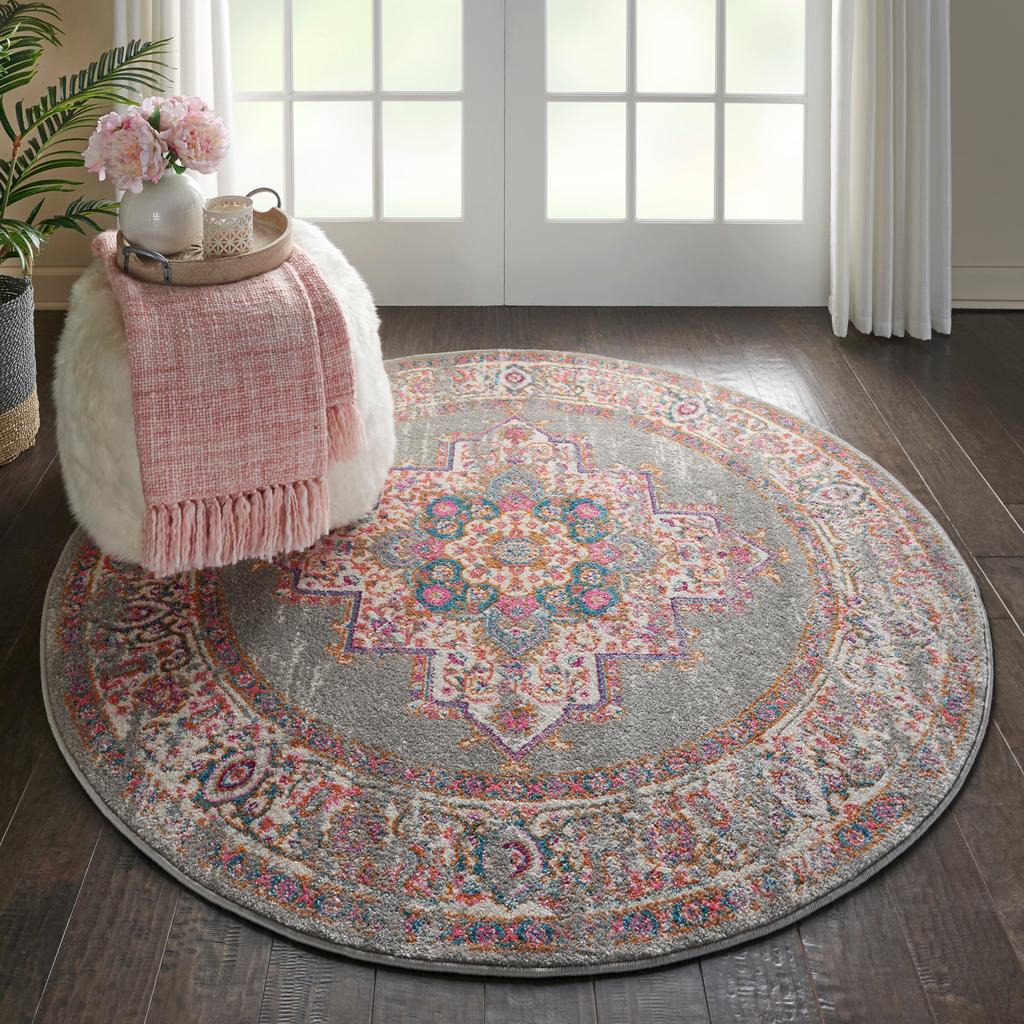 Nourison Home Passion PSN03 Grey Indoor Round Area Rug - Bohemian Power Loomed Machine Made Medium Pile