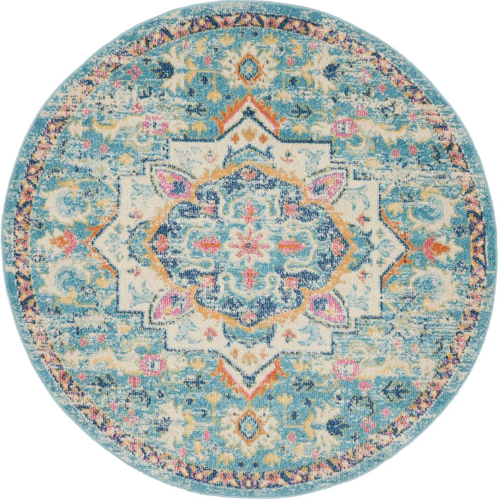 Nourison Home Passion PSN25 Ivory Light Blue Indoor Round Area Rug - Bohemian Power Loomed Machine Made Medium Pile